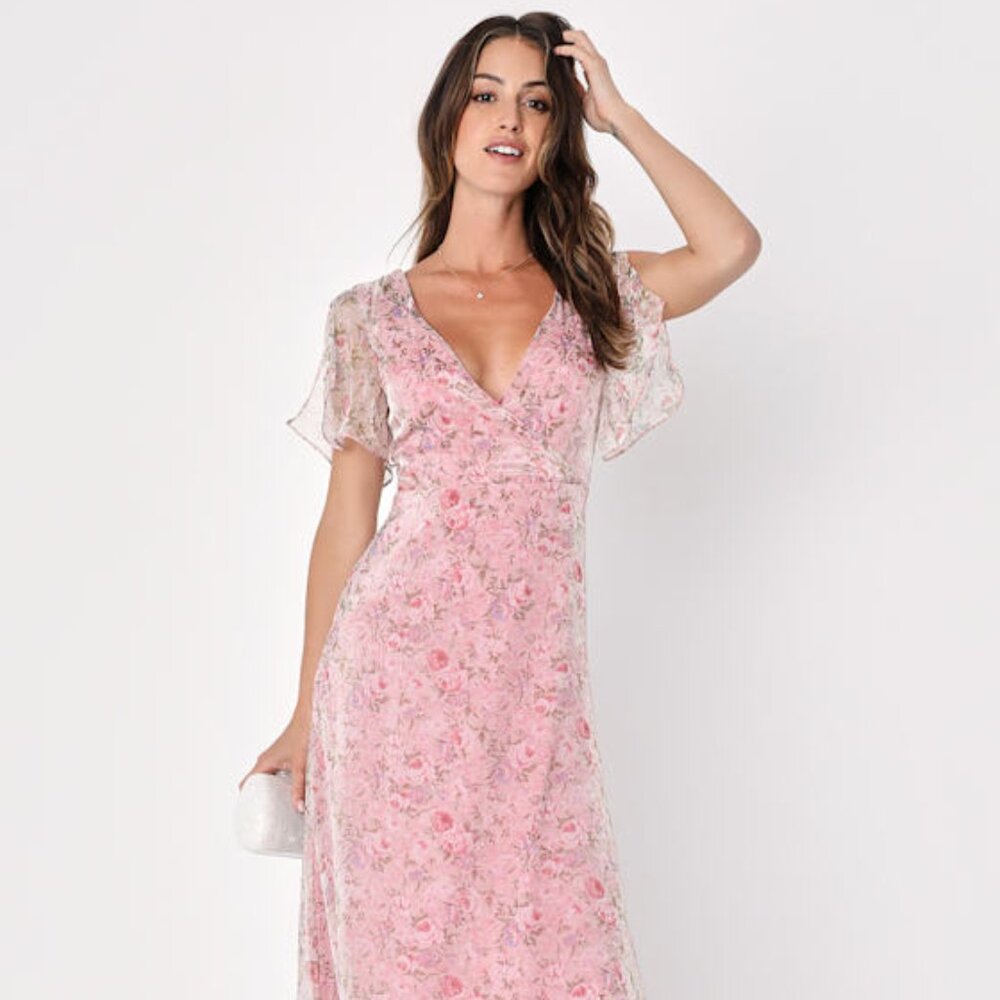 Lulus Dreamiest Desires Pink Floral Flutter Sleeve Maxi Dress - Size S
